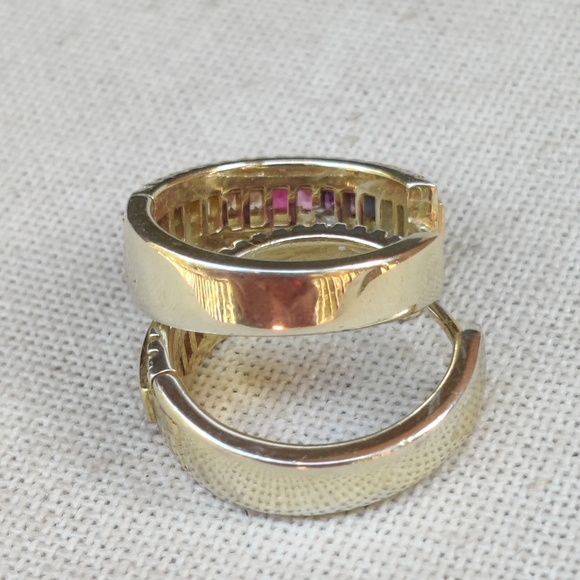 🌈 Vintage 90s Vermeil Sterling Rainbow Gemstone Hoop Earrings - Picture 3 of 8